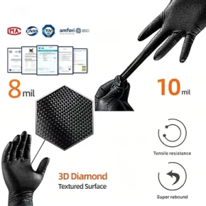 10 Mil Diamond Grip Disposable Nitrile Gloves Black for Heavy Duty Automotive Chemical Use Food Touch Screen Anti Static