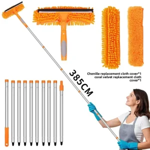2 in 1 Stainless Steel Telescoping Window Squeegee Professional Cleaning Tool for Tall Window Glass Wiping