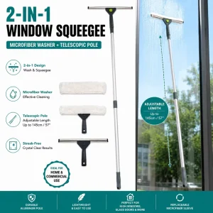2 in 1 Telescopic Window Squeegee with Microfiber Window Washer Extendable Cleaning Tool