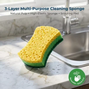 3-Layer Multi-Purpose Cleaning Sponge Natural Pulp & High-Elastic Sponge & Scouring Pad