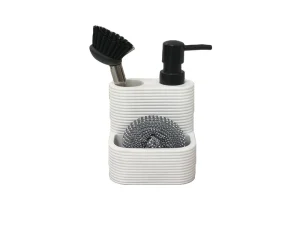 3 in 1 White Ribbed Resin Kitchen Multifunctional Soap Dispenser with Sponge & Brush Holder for Countertop