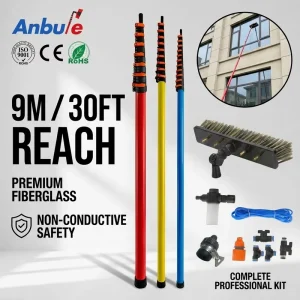 30 FT Lightweight Fiberglass Telescopic Rod Cleaning Brush Eco friendly Household Tool Water Fed Pole Durable Metal