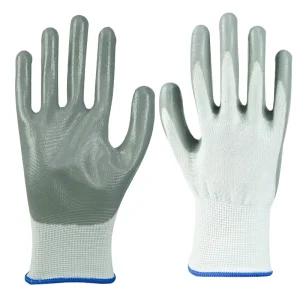 30 Gram Grey and White Nitrile Dipped Safety Work Glove 13 Gauge White Polyester with Grey Nitrile Coated Gloves