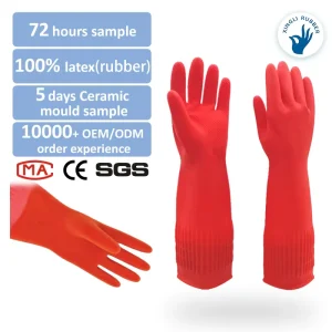 38cm Red Flocked Ling Household Latex Gloves Medium Waterproof Reusable Kitchen Cleaning Gloves Comfortable Soft Durable Rubber