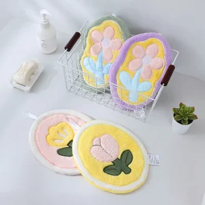4 Stylish Flower Design Soft Coral Fleece Towel Absorbent Hand Towels with Hanging Loop Birthday Gift for Kid Children