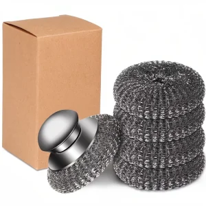 5Pcs Steel Wool Scrubber 4 Sponge Pads Set Handle Multi Purpose Kitchen Scrubber for Stainless Steel Surfaces Cast Iron