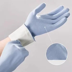 60g Blue Kitchen Cleaning Spray Gloves Waterproof Anti Slip Diamond Texture Reusable Rubber Latex Soft Flocking Lining Gloves