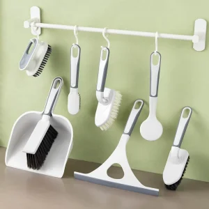 7 in 1 Household Cleaning Brush Set Multi Purpose Kitchen Bathroom Tool Kit with Squeegee Dustpan and Hanging Rack