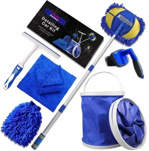 7pcs Essential Auto Cleaning Tools Set Car Wash Kit Telescopic Mop Microfiber Towel Wash Mitt Folding Bucket Wash Brush