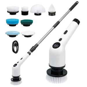 8 in 1 Multi Purpose Electric Cleaning Brush with Long Telescopic Handle and LCD Display Electric Kitchen&Bathroom Spin Scrubber