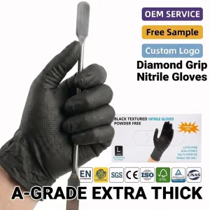 8Mil Soft Disposable Diamond Texture Nitrile Gloves Powder Free Latex Free Heavy Duty Black for Mechanics and Gardening