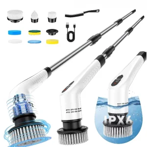 9 12 in 1 Long Handle Electric Spin Scrubber 2 Speeds 1500mAh Cordless Cleaning Brush with High Torque for Bathroom Tile Grout