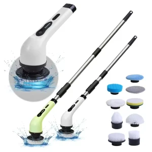 9pcs Replaceable Heads Electric Spin Scrubber Waterproof Rechargeable Cordless Cleaning Brush with Long ABS Plastic Handle