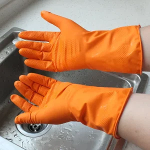 A High Long Cuff Women Dishwashing Type Reusable PVC Kitchen Cleaning Rubber Latex Work Household Gloves