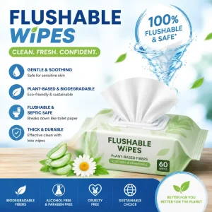 Biodegradable Flushable Wet Wipes OEM ODM Plastic Free Water Dispersible Toilet Tissue for Sensitive Skin Bathroom Cleaning Use