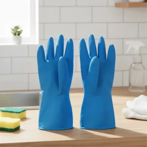 Blue 60g Rubber Latex Household Gloves Spray Flock Lined Customized Logo Printed OEM
