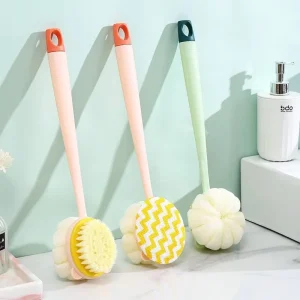 Body Shower Brush with Bristles and Loofah Back Scrubber Bath Mesh Sponge with Long Handle for Skin Exfoliating Bath