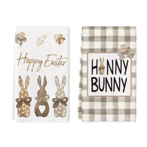 Buffalo Plaid Easter Bunny Kitchen Towels Soft Cotton Hand Towels with Carrots and Honey for Spring and Summer Decorations