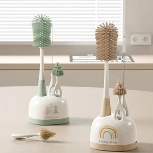 Compact Baby Bottle Cleaning Kit Easy and Safe Cleaning Brushes Silicone Bottle Brush and Soft Tip Nipple Brush with Holder