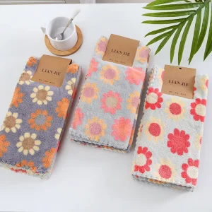 Coral Velvet Square Towel Sunflower Pattern Soft Absorbent Hand Towel Kitchen Scrubber Towel