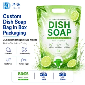 Custom Dish Soap Bag in Box 3L Tap Valve Leak Proof Refill Packaging for Kitchen Cleaning Brand