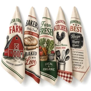 Custom Farmhouse Kitchen Towel Set Bakery Printed Linen Tea Towels Custom Art Country Kitchen Decor Dish Cloth