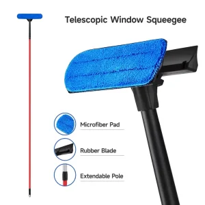 Custom Logo 2 in 1 Telescopic Window Squeegee with Microfiber Pad Rubber Blade Extendable Long Pole Window Cleaner Tool