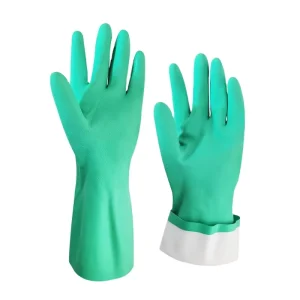 Custom Logo Nitrile Safety Gloves Green Acid Alkali Oil Resistant 33cm S XL for Kitchen Cleaning Household Hand Protection