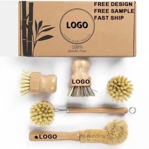 Custom Logo Wooden Dish Cleaning Brush Set, Kitchen Washing up Brushes, Bamboo Natural Fibers, Eco Friendly Wooden Pot Brush