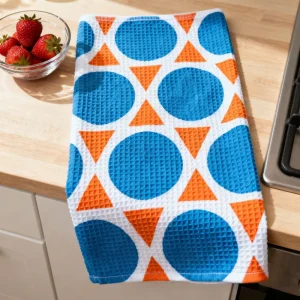 Customizable Waffle Weave Texture with Blue orange Geometric Patterns High Absorbency Kitchen Towels Ideal for Kitchen Cleaning