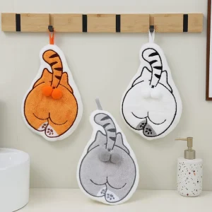 Cute Cartoon Animal Chenille Embroidered Coral Velvet Kitchen Hanging Cat Hand Towel for Home Bathroom