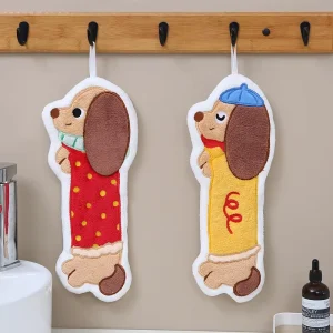 Cute Cartoon Coral Velvet Dachshund Puppy Super Absorbent Soft No Lint 15x40cm Kitchen Bathroom Quick Dry Hanging Hand Towel