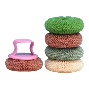 Detachable Kitchen Brush with Stainless Steel Scourer and Copper Wool Ball Non Stick Pan Safe Pot Cleaner Stain Remover