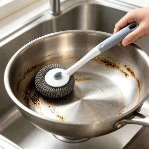 Detachable Stainless Steel Wire Pot Brush Long Handle Non slip Kitchen Dish Cleaning Scrubber