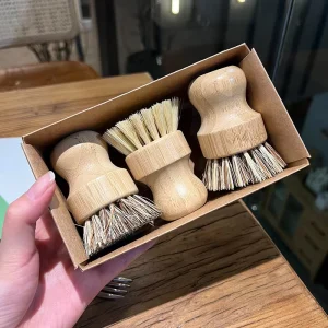 Durable Bamboo Mini Scrub Brush with Union Fiber 3 Pack Cleaning Kit