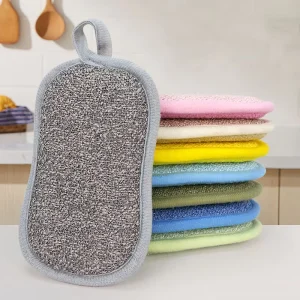 Eco Friendly Double Sided Magic Microfiber Sponge Scouring Pad with Hanging Design for Kitchen Dishwashing Cleaning