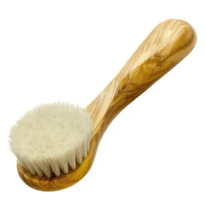 Eco Friendly Olive Wood Facial Cleaning Brush with Medium Strength Horsehair Bristles Soft and Comfortable Round Design