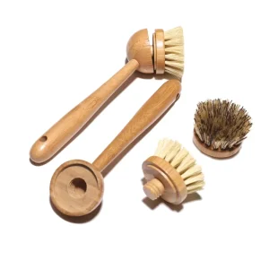Eco Friendly Sisal Wooden Dish Brush Set with Natural Color and Replacement Heads for Kitchen Use
