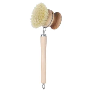 Eco friendly Bamboo Wood & Stainless Steel Long Handle Cleaning Brush Sisal Bristles Two Interchangeable Heads for Dish Pot Use