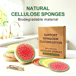 Eco friendly Biodegradable Cute Printed Dishwashing Wood Pulp Sponge Scouring Pad Compressed Cellulose Kitchen Cleaning Sponge