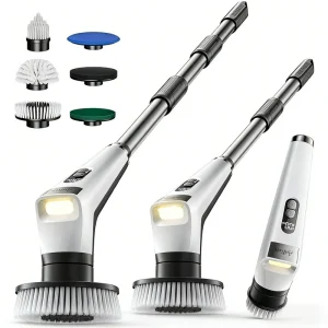 Electric Cleaning Brush with 4 Brush Heads, Long Extendable Handle, Cordless Rechargeable, Household Bathroom Use