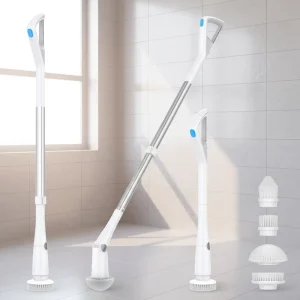 Electric Cordless Rechargeable Portable Shower Scrubber Cleaning Brush 4 Heads Extendable Handle Spin Scrubber Household Cleaner