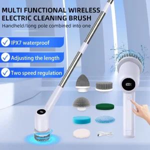Electric Detachable Long Handle Toilet Floor Cleaning Brush with IPX7 Waterproof Stainless Steel Head and Replaceable Heads