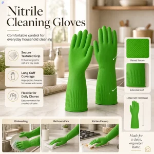 Extra Long Green Latex Kitchen Gloves Waterproof Durable Soft Reusable PET Outer Light Medium for Household Cleaning