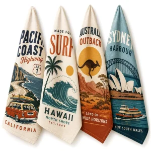 Factory Direct Custom Tea Towels 100% Cotton Woven Quick Dry Dish Towel Retro Travel City Kitchen Souvenir Cloth