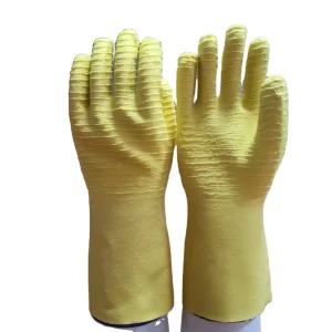 Factory Yellow Latex Safety Gloves Textured Anti Slip Flocked Cotton Lined Acid Alkali Oil Resistant Waterproof 35cm