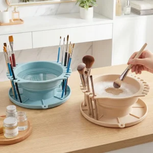 Foldable Silicone Makeup Brush Cleaner With Built in Palette Small Portable Brush Washing Bowl