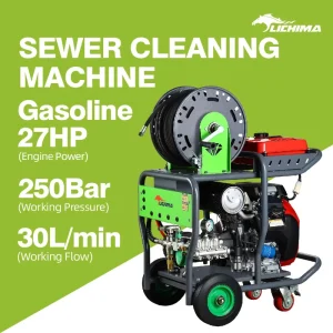 Gasoline Sewer Cleaning Machine 27HP 250Bar 30Lmin High Pressure Drain Jet Cleaner with 50M Hose