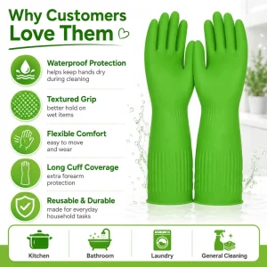 Green Nitrile Long Sleeve Waterproof Medium Thickness Comfortable Unlined Kitchen Dish Washing Cleaning Household Rubber Gloves