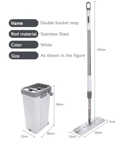 Hands Free Self Wringing Dual Bucket 360 Rotating Stainless Steel Telescopic Wet Dry Microfiber Flat Mop Bucket Set with Wheels